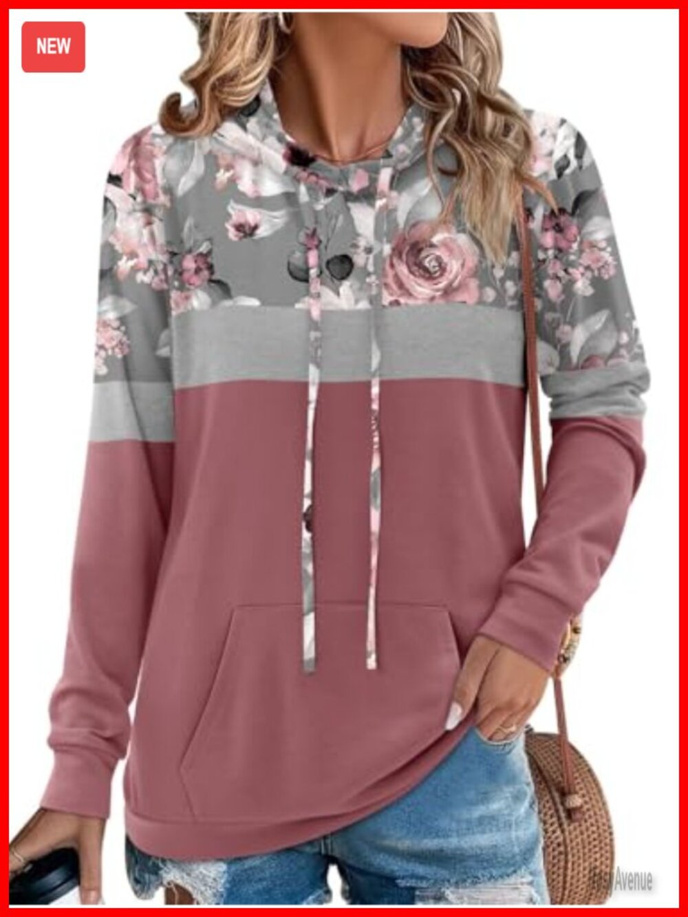 Long Sleeve Hooded Pullover Sweatshirt Floral Print Drawstring Kangaroo Pocket